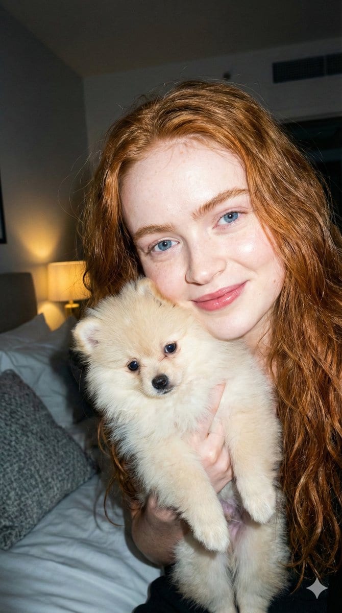 Hard Flash Portrait with Pomeranian Puppy Prompt - AI Generated Character Style Image Example