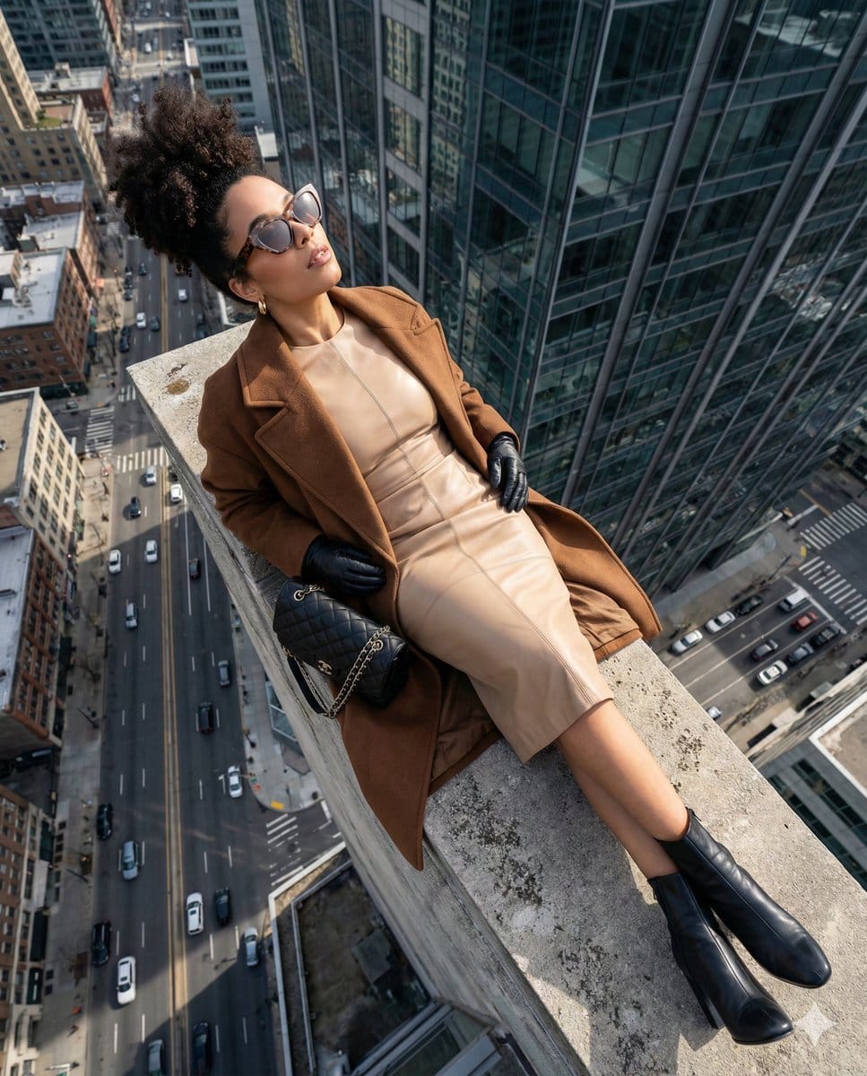 High-Angle Fashion Editorial on Skyscraper Rooftop Ledge - KI-Prompt