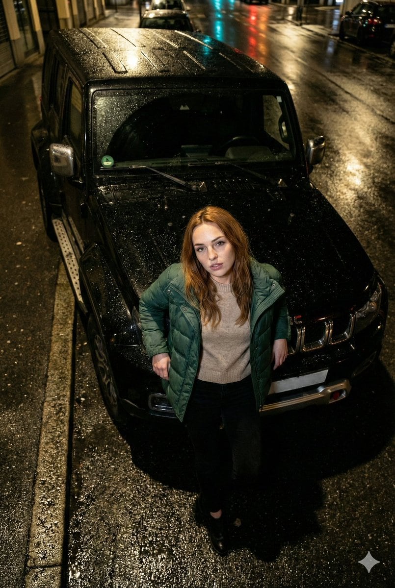 High-Angle Flash Photo on SUV Hood at Night - AI Generated Realistic Style Image Example