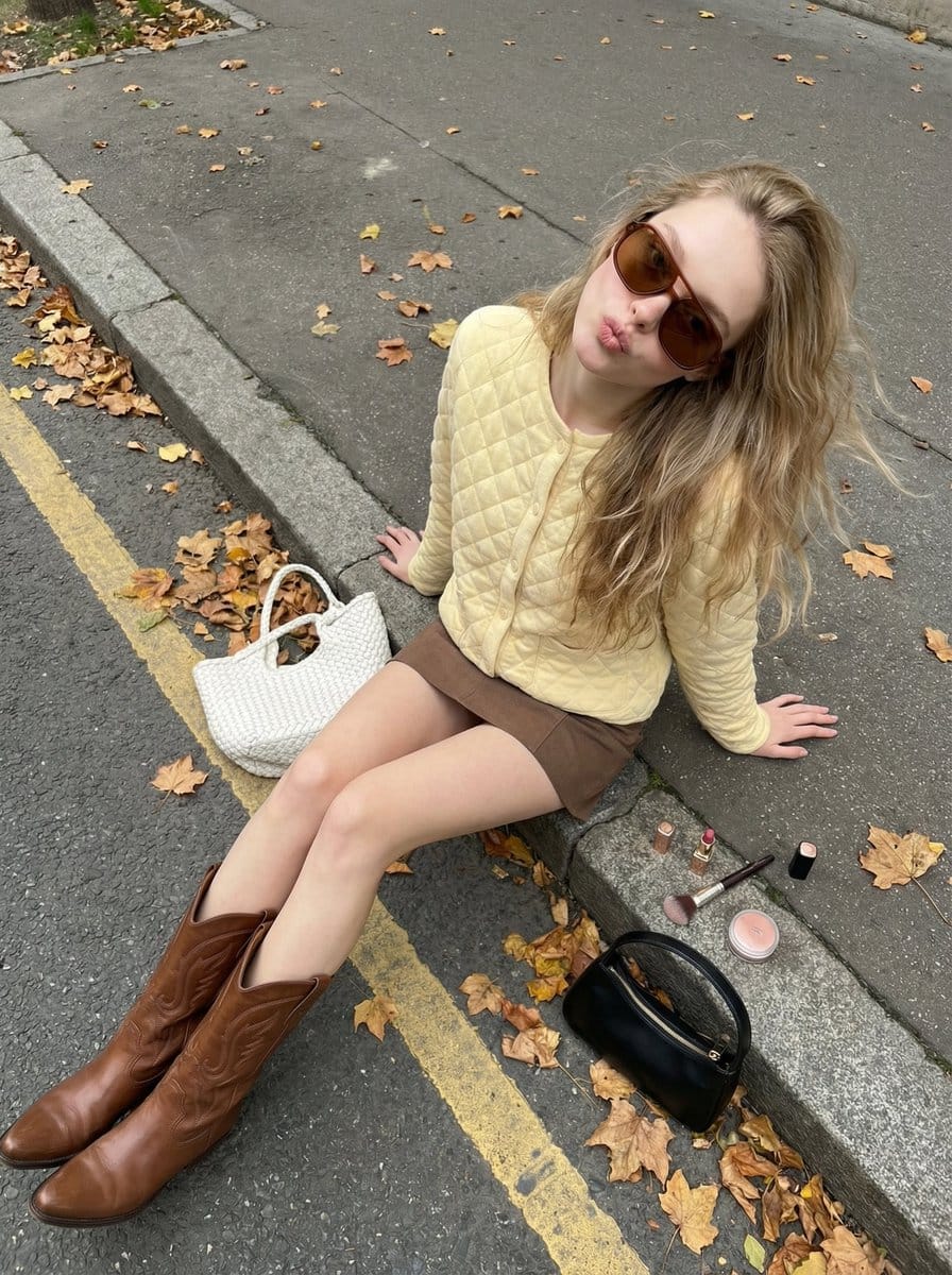 High-Angle Street Style Photo with Makeup Items - AIプロンプト