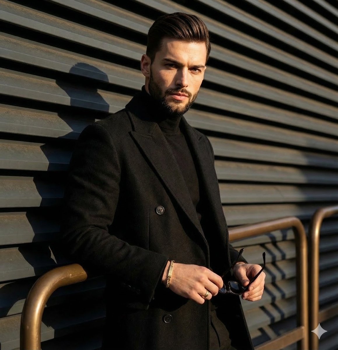 Preview image for High-contrast editorial portrait of a man leaning on a rail prompt