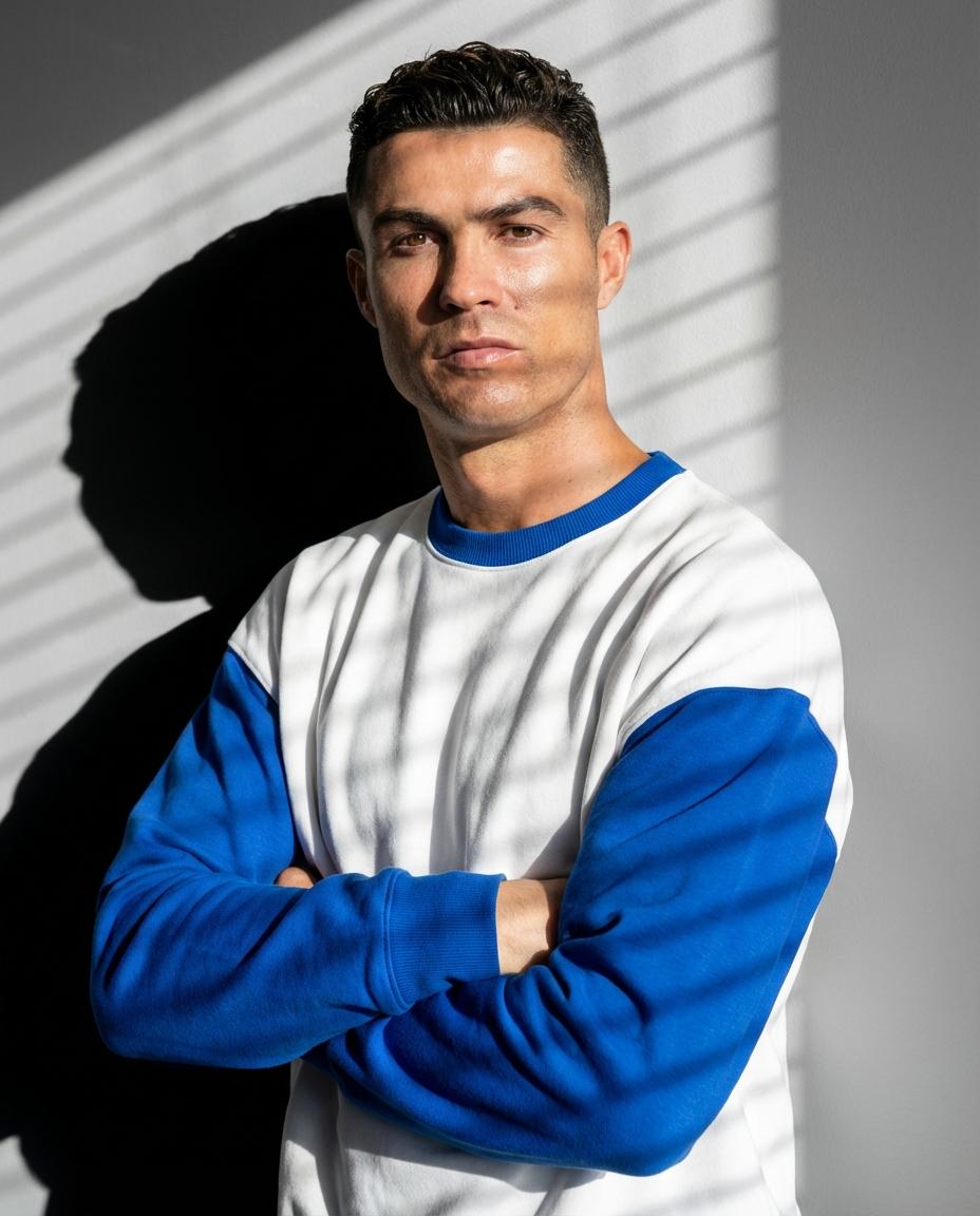 Preview image for High-Contrast Fashion Studio Portrait with Striped Shadows prompt