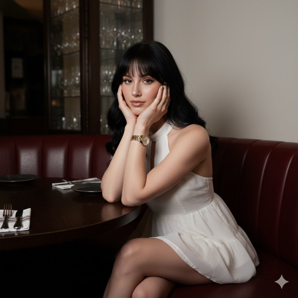 High-Contrast Flash Portrait in Dimly Lit Restaurant Prompt - AI Generated Character Style Image Example