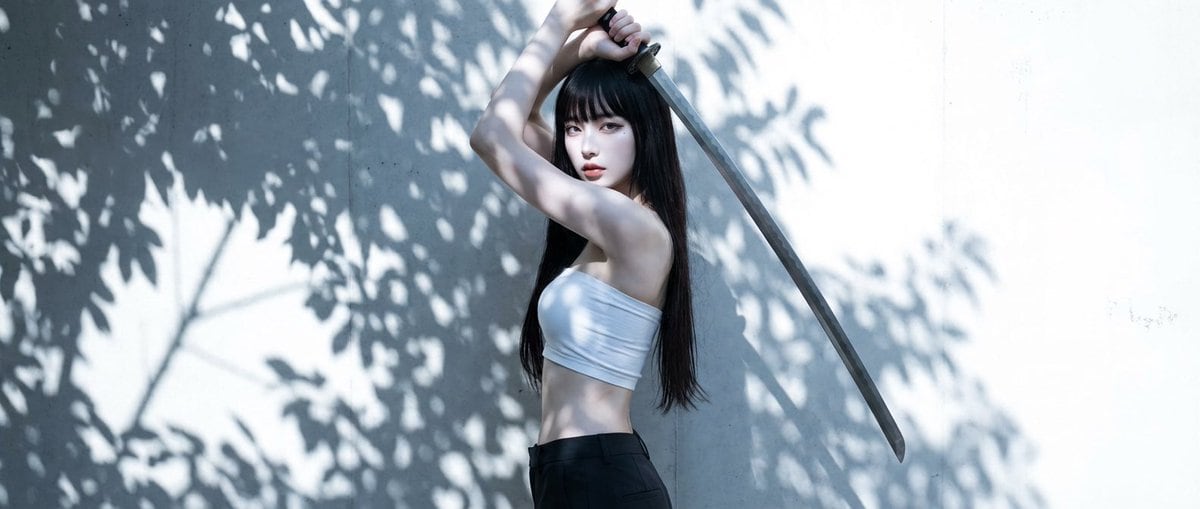 High-Contrast Japanese Beauty Portrait with Katana Pose