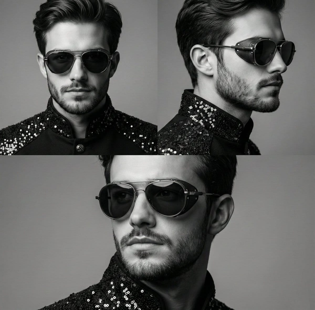 High-Contrast Monochrome Triptych Portrait with Steampunk Sunglasses - AI Prompt