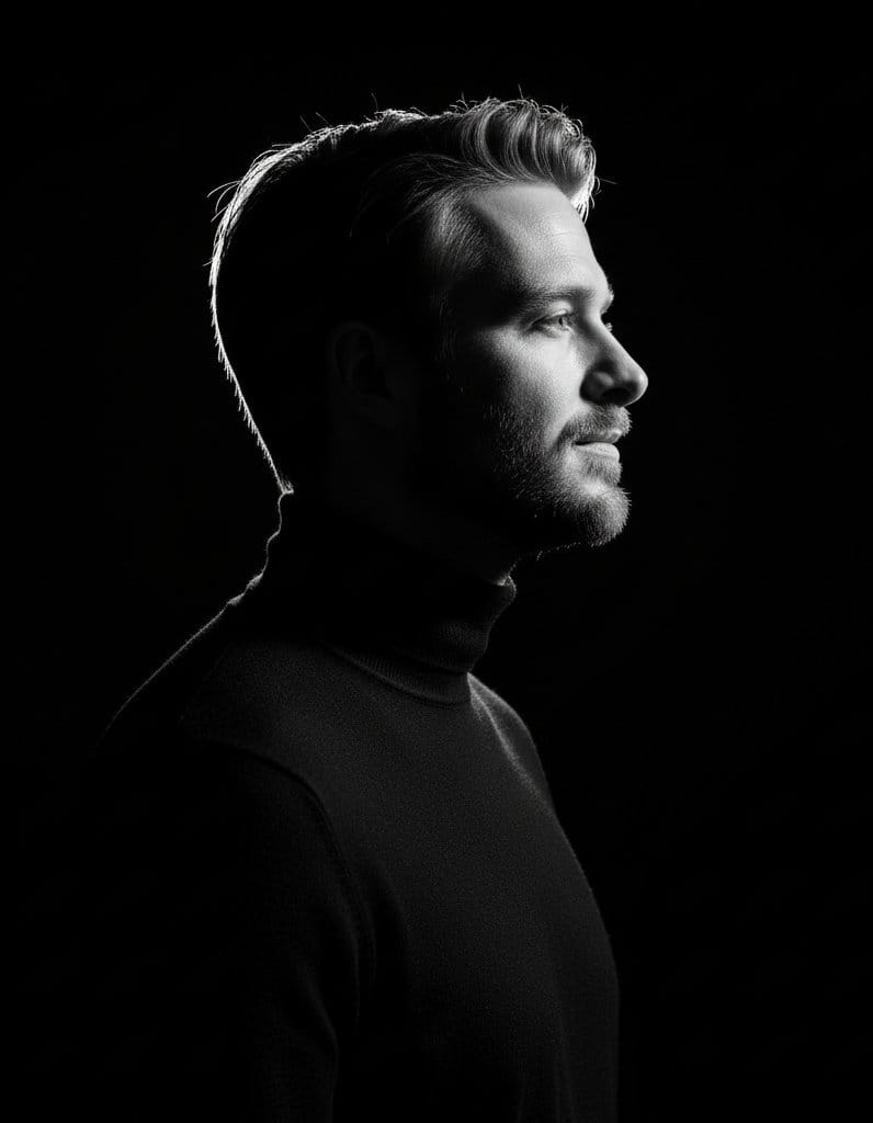High-contrast rim-lit black and white conceptual side-profile portrait - AI Prompt