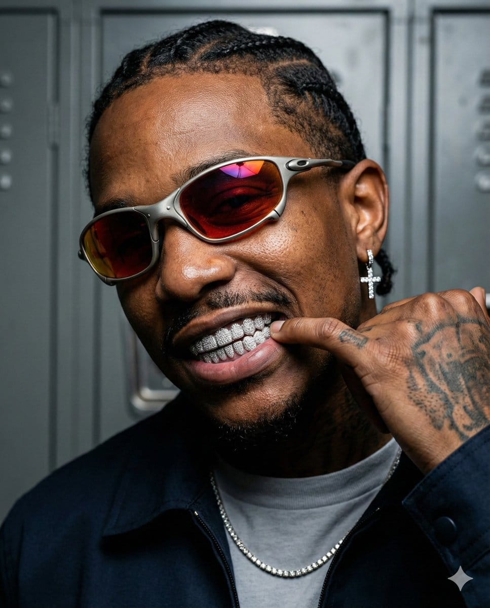 High-Contrast Sports Editorial Portrait with Grillz and Oakley - KI-Prompt