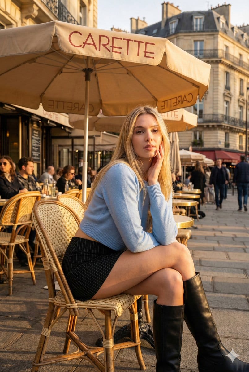 High-Detail Parisian Cafe Lifestyle Photo at Golden Hour - AI Prompt