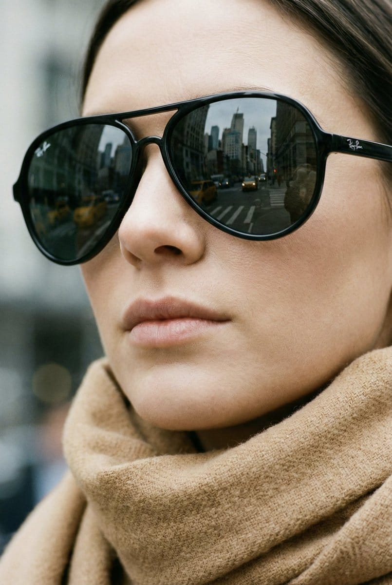 High-Fashion Aviator Sunglasses Portrait with NYC Reflection - AIプロンプト