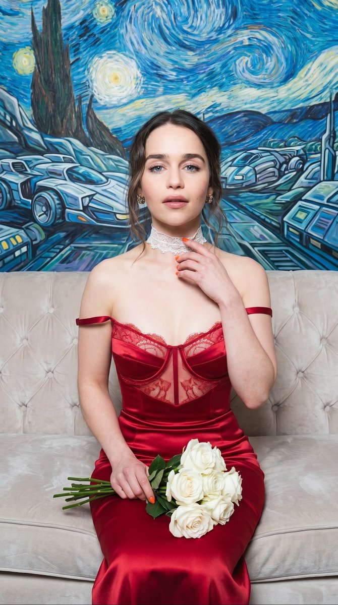 Preview image for High-Fashion Boudoir with Futuristic Van Gogh Backdrop prompt