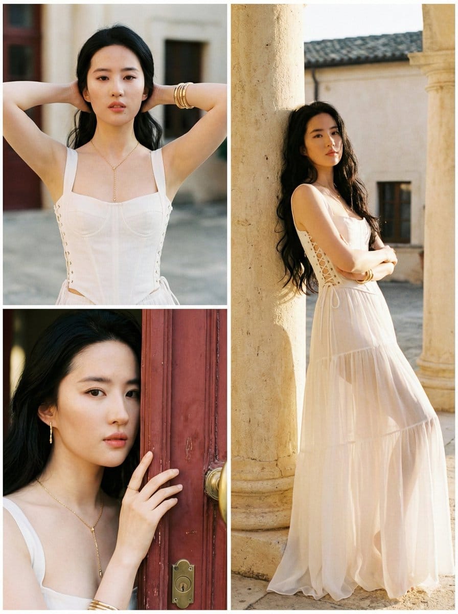 High-Fashion Editorial Collage in Mediterranean Courtyard - AI Generated AI Art Style Image Example