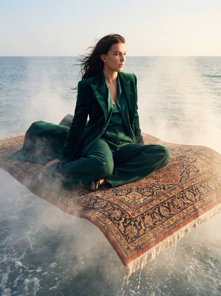 High-Fashion Editorial on a Magic Carpet over the Ocean - AI Generated Fantasy Style Image Example