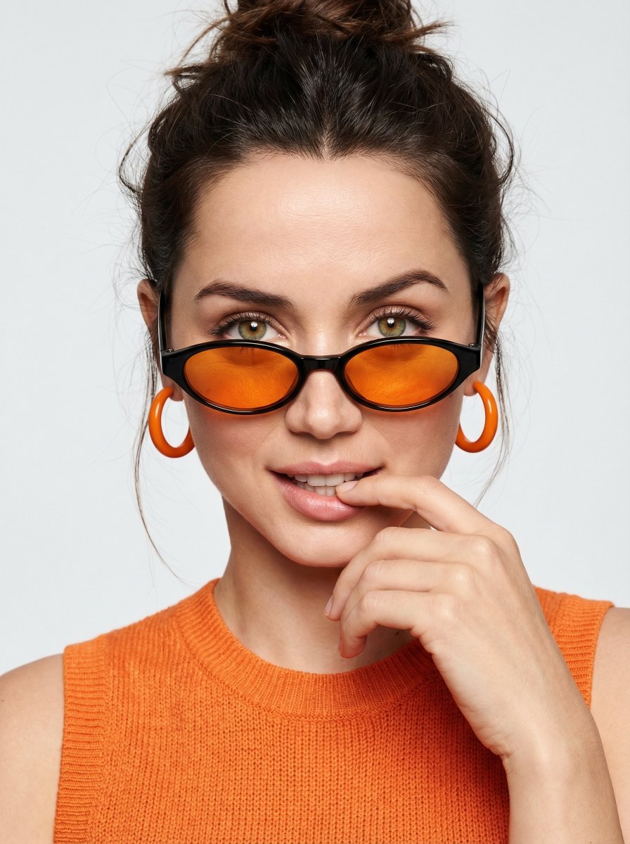 Preview image for High-fashion editorial portrait with vivid orange accents prompt