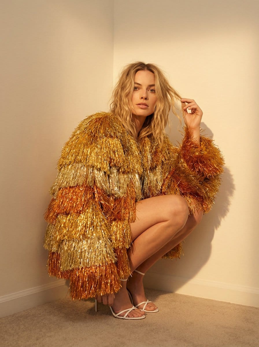 Preview image for High-Fashion Editorial with Metallic Fringe Coat prompt