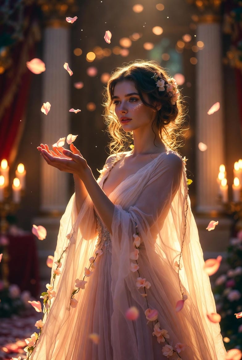High-Fashion Fantasy Editorial with Floating Petals - AI提示词