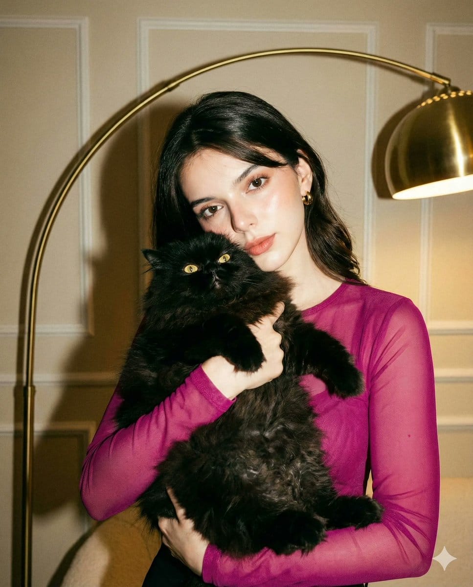 Preview image for High-Fashion Flash Photo with Cat (Facial Edit Lock) prompt