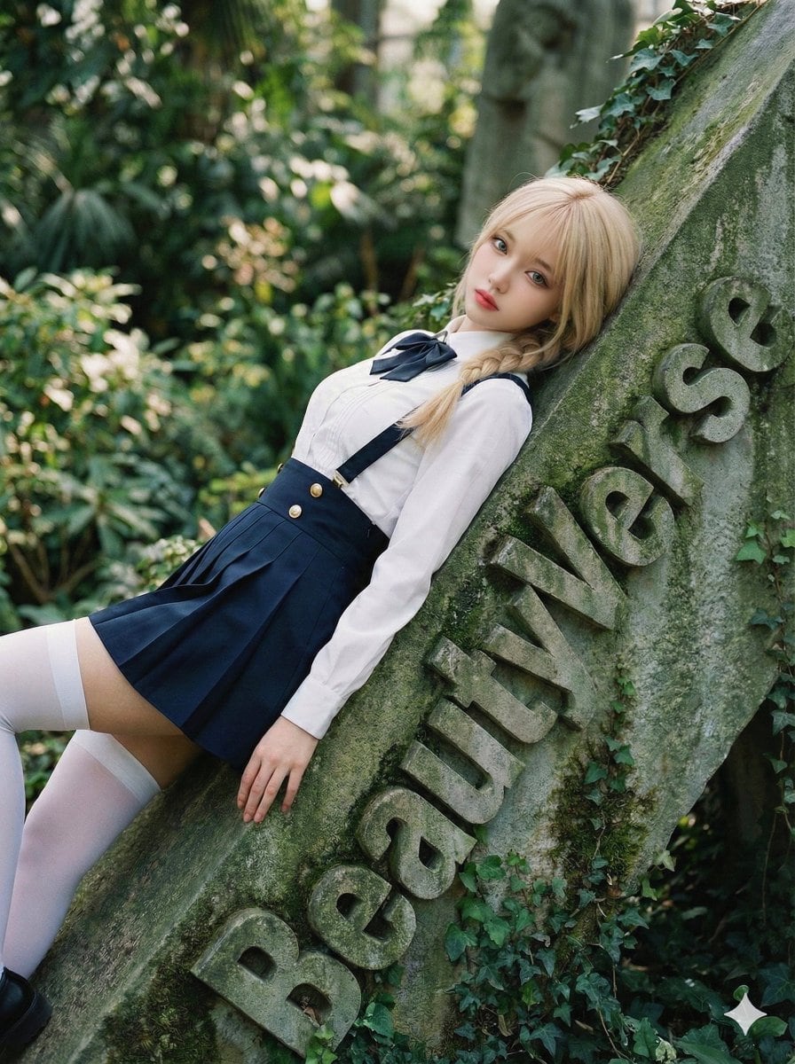 High-Fashion Garden Editorial with Tilted Stele Effect - Prompt IA