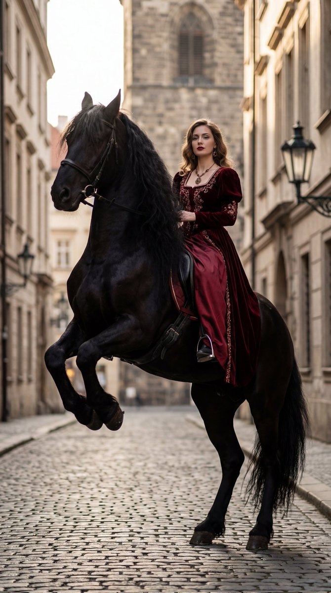 Preview image for High-Fashion Horseback Portrait on Vintage Street prompt