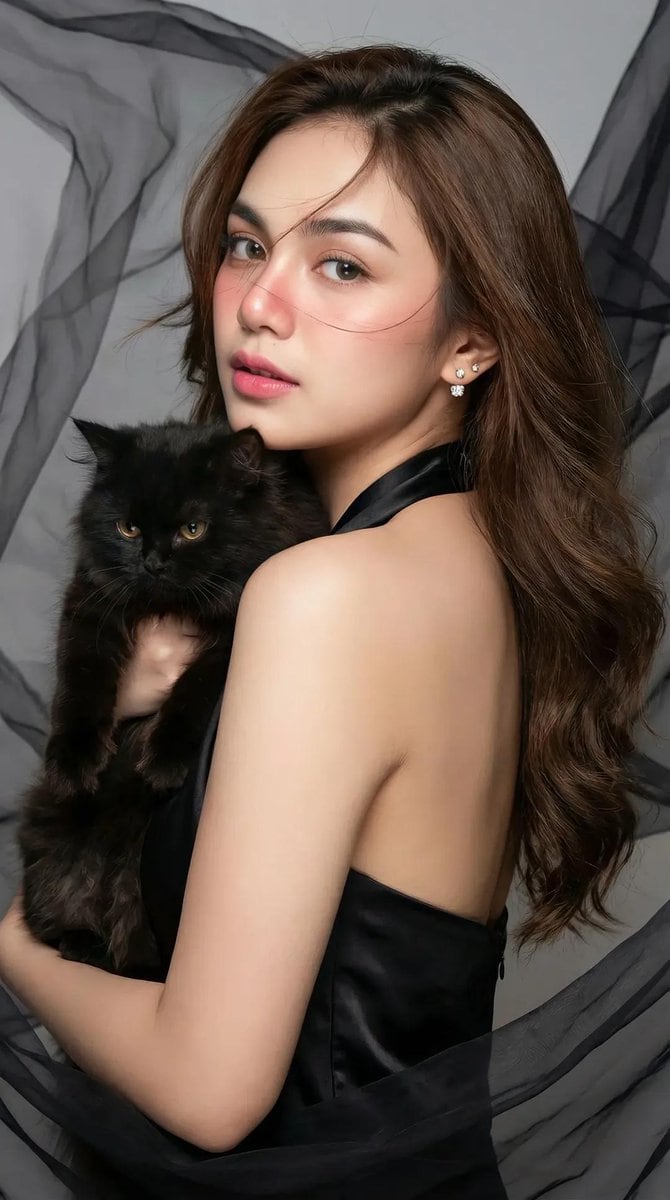 High-Fashion Portrait of an Asian Woman with a Black Cat - AI Generated Character Style Image Example