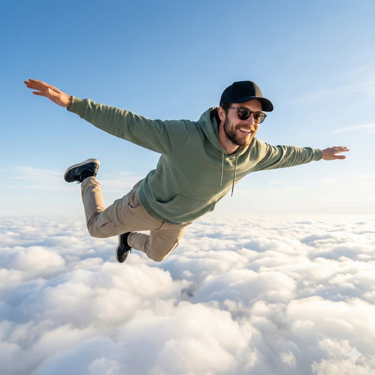 High-Quality Photo of Man Flying Above Clouds - AI提示詞