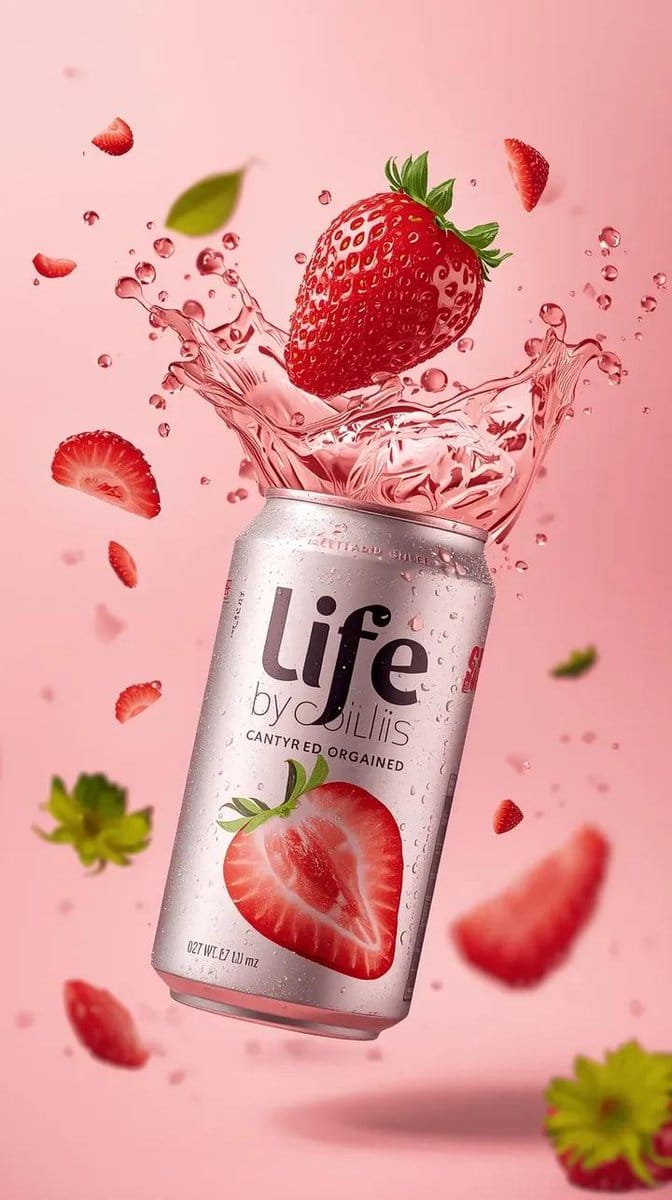 High-Speed Beverage Ad with Strawberry Splash - AIプロンプト