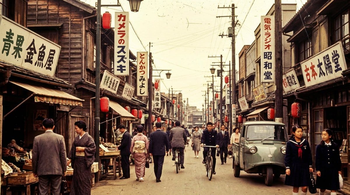 High economic growth era Japanese downtown shopping street - AI Generated AI Art Style Image Example