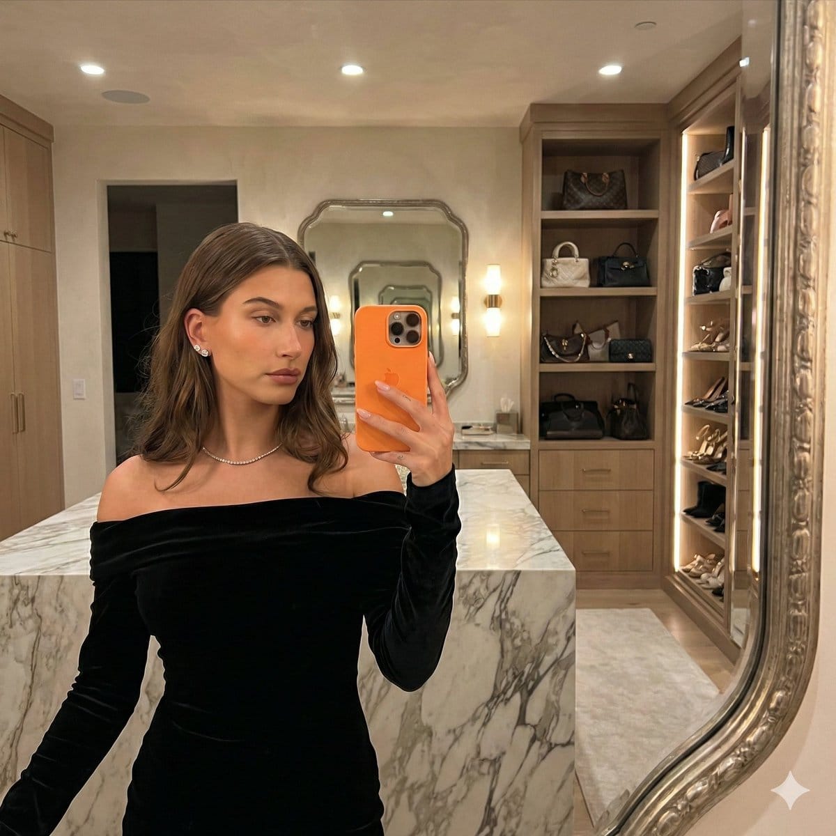 High Fashion Dressing Room Mirror Selfie Prompt (Bella Hadid Style) - AI 프롬프트