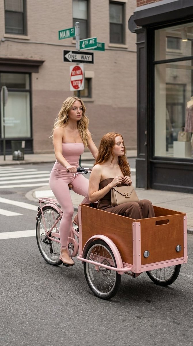 Preview image for High Fashion Street Photography on a Pink Cargo Bike prompt