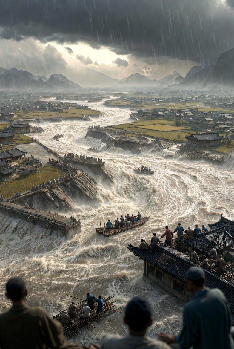 Historical Epic Scene: 1887 Yellow River Flood - AI Generated Abstract Style Image Example