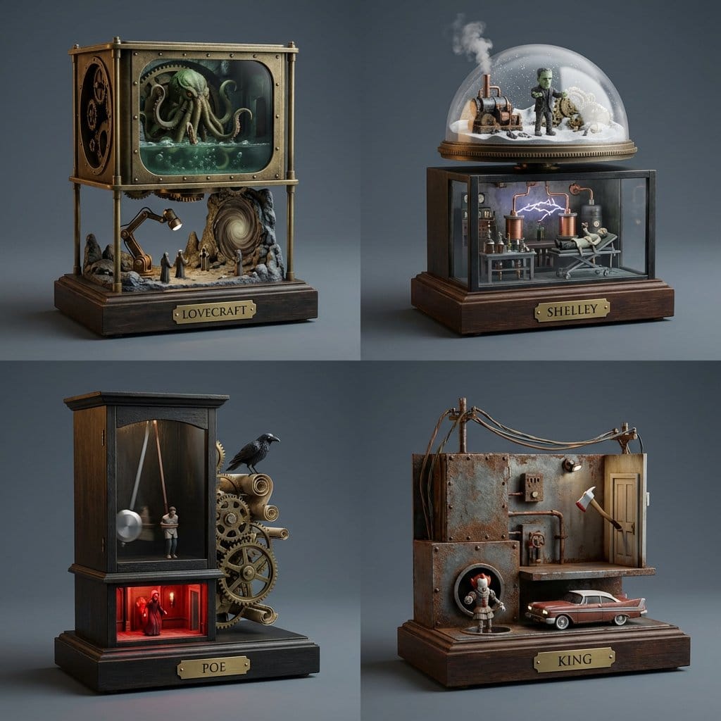 Horror Author Universe Kinetic Sculptures Grid - KI-Prompt