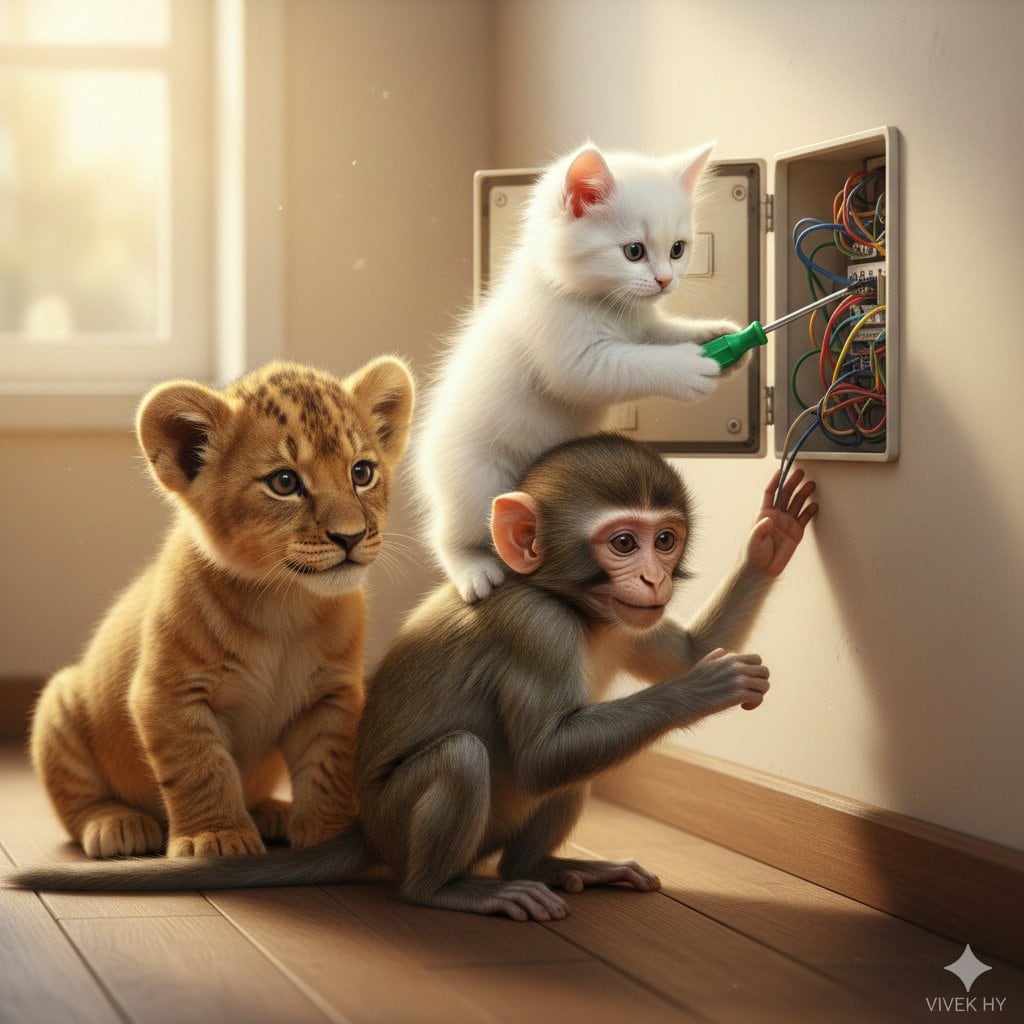 Humorous Animal Teamwork Scene - AI 프롬프트