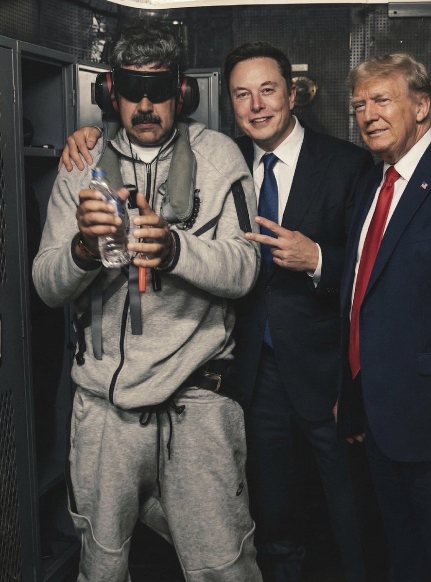 Humorous Portrait of Elon Musk, Donald Trump, and Venezuela President in Tactical Gear - KI-Prompt
