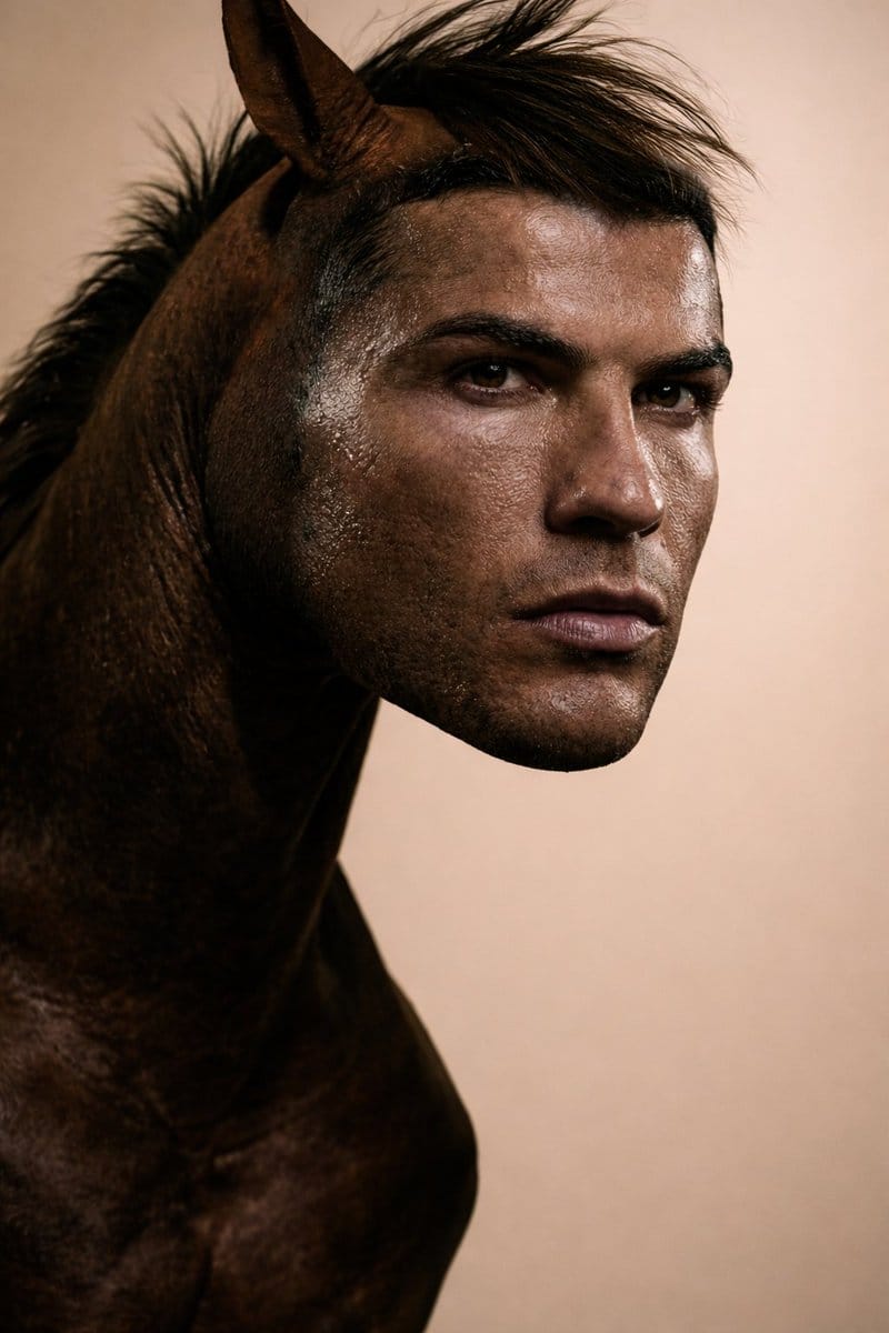 Hybrid Humanoid-Horse Portrait (Ronaldo/Messi inspired) - AI 프롬프트