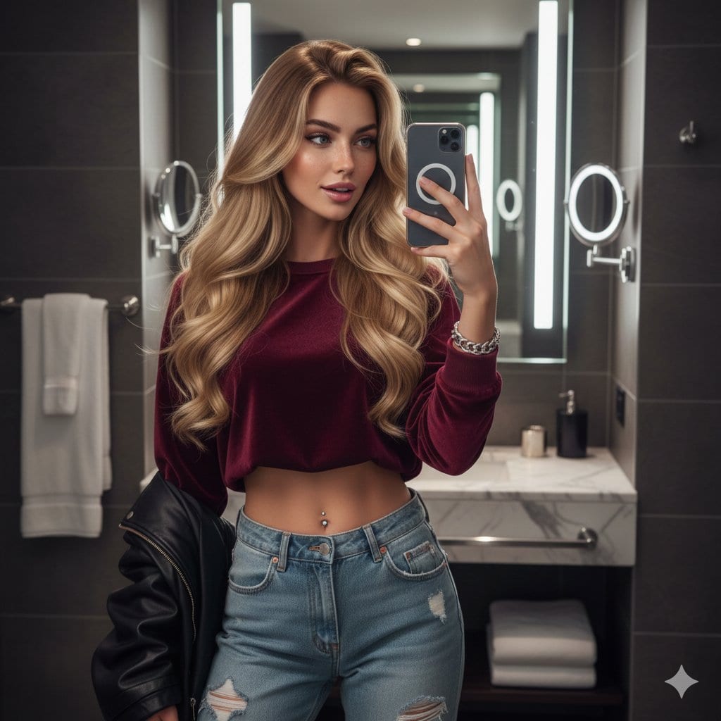 Hyper-detailed mirror selfie of a young woman in luxury bathroom - AI提示詞