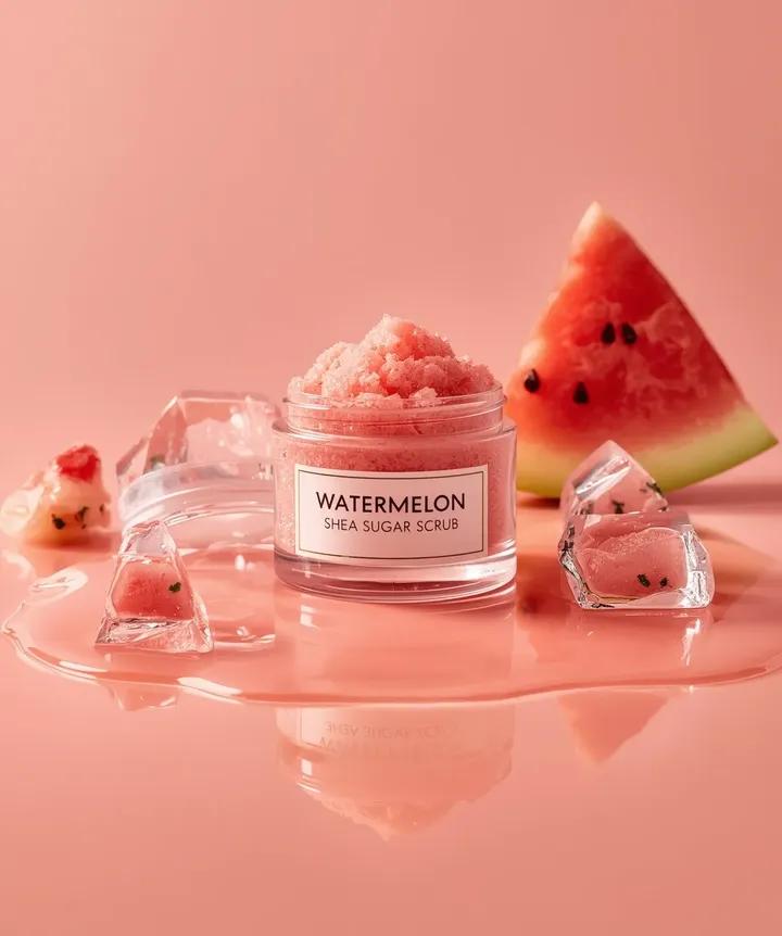 Hyper-photorealistic cosmetic skincare jar product shot with watermelon and ice cubes - AI Generated Realistic Style Image Example
