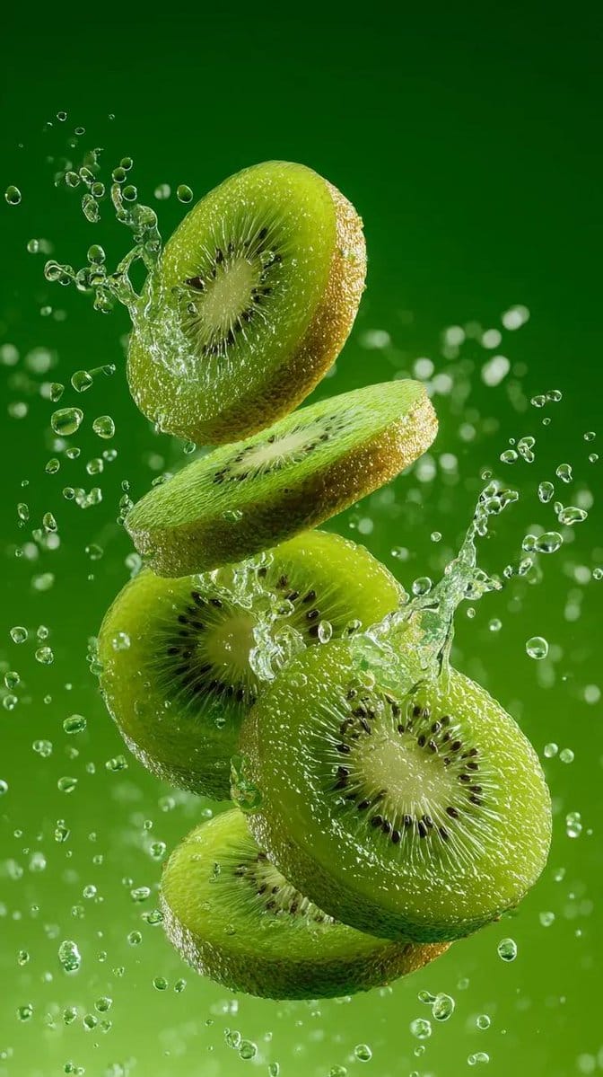 Hyper-Realistic Kiwi Splash Macro Photography Prompt - AI Generated Realistic Style Image Example