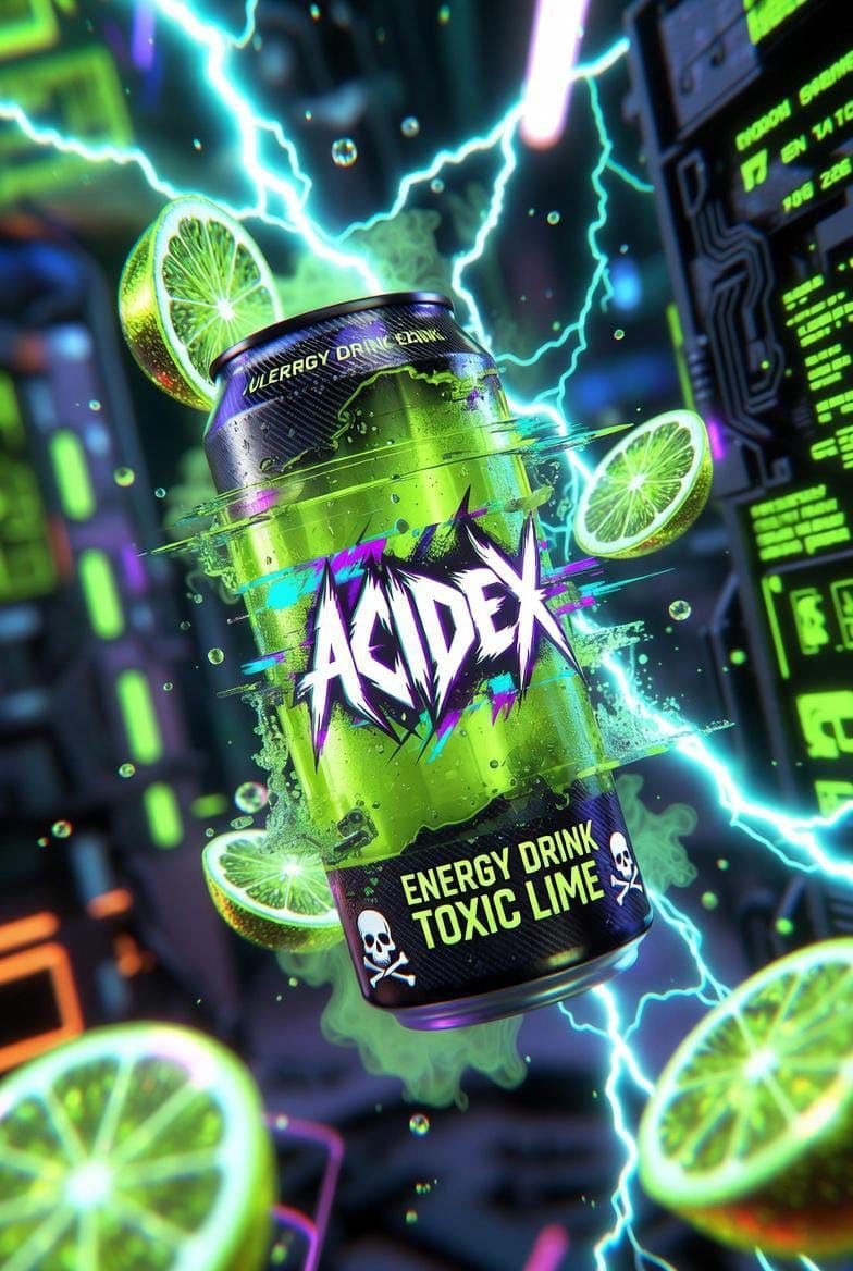 Hyper-Realistic Neon Energy Drink Product Shot Prompt - AI 프롬프트