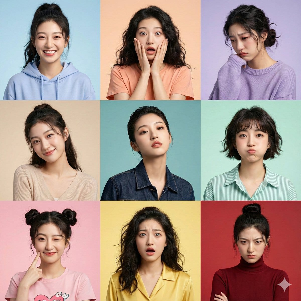 Hyper-Realistic 3x3 Grid Portrait with Fixed Identity - AI 프롬프트