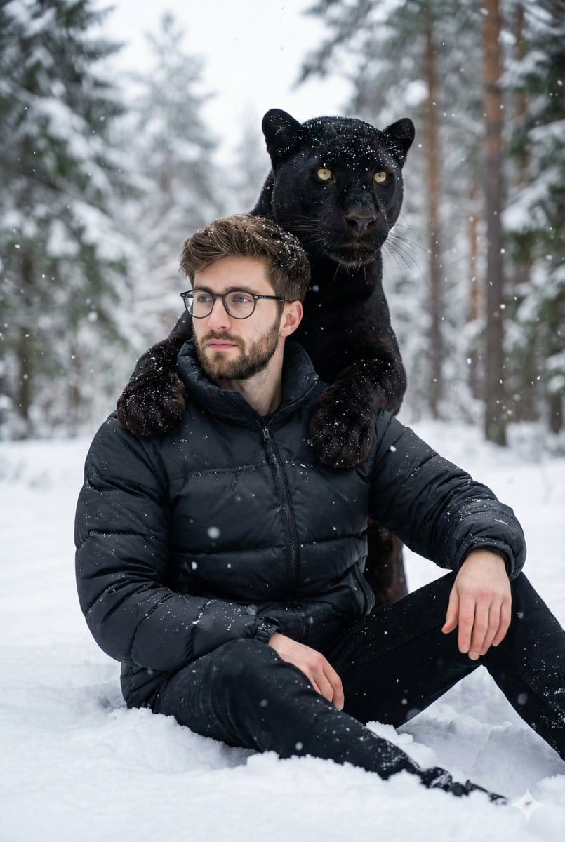 Hyper-realistic 8K image of a man and a black panther in a snowy forest - AI Generated Landscape Style Image