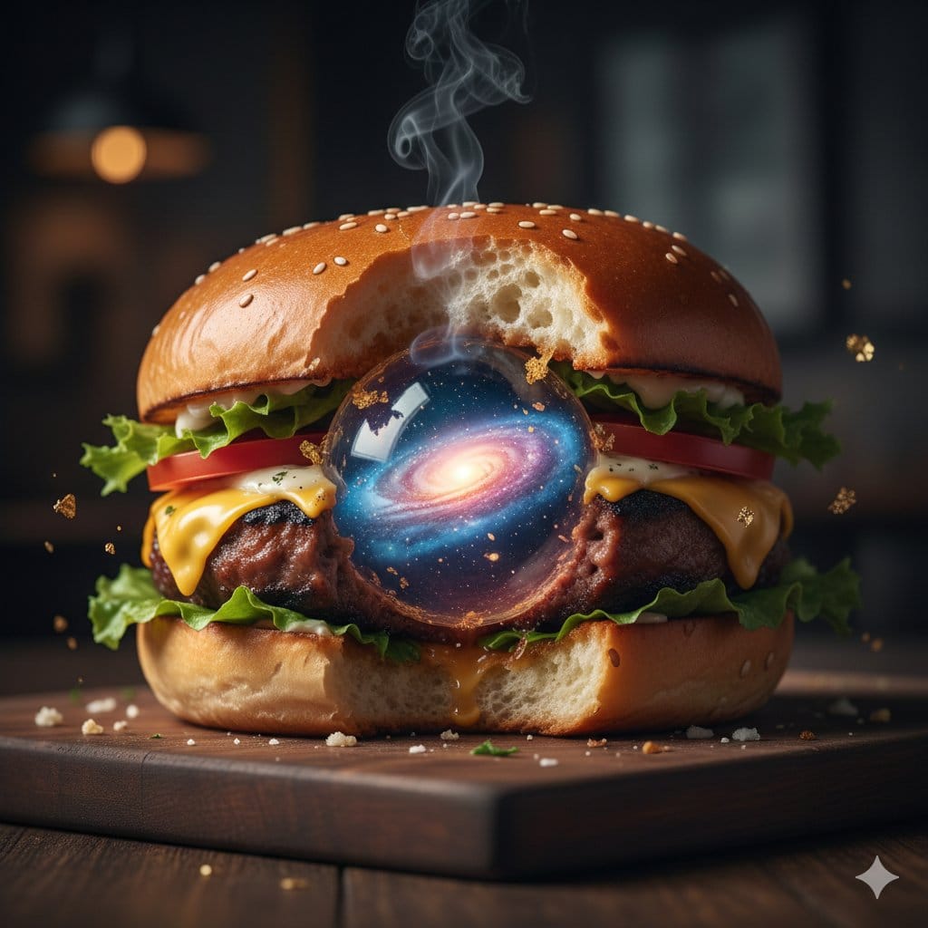 Hyper-Realistic Cinematic Food Action Shot of a Gourmet Burger Mid-Bite - Prompt de IA