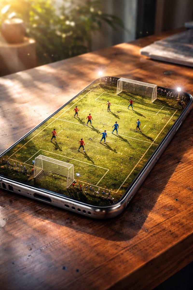 Hyper-Realistic Cinematic Football Stadium on a Smartphone Screen - KI-Prompt