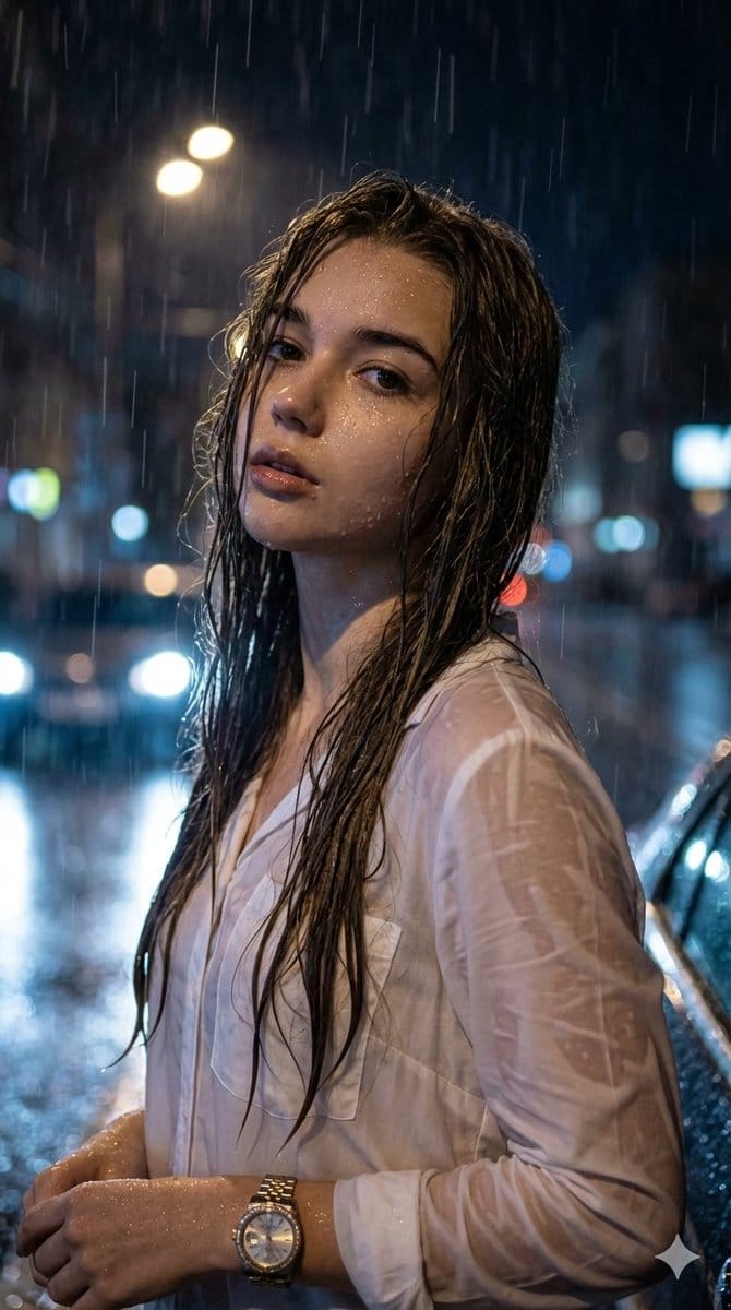 Hyper-Realistic Cinematic Night Portrait in Rain - KI-Prompt