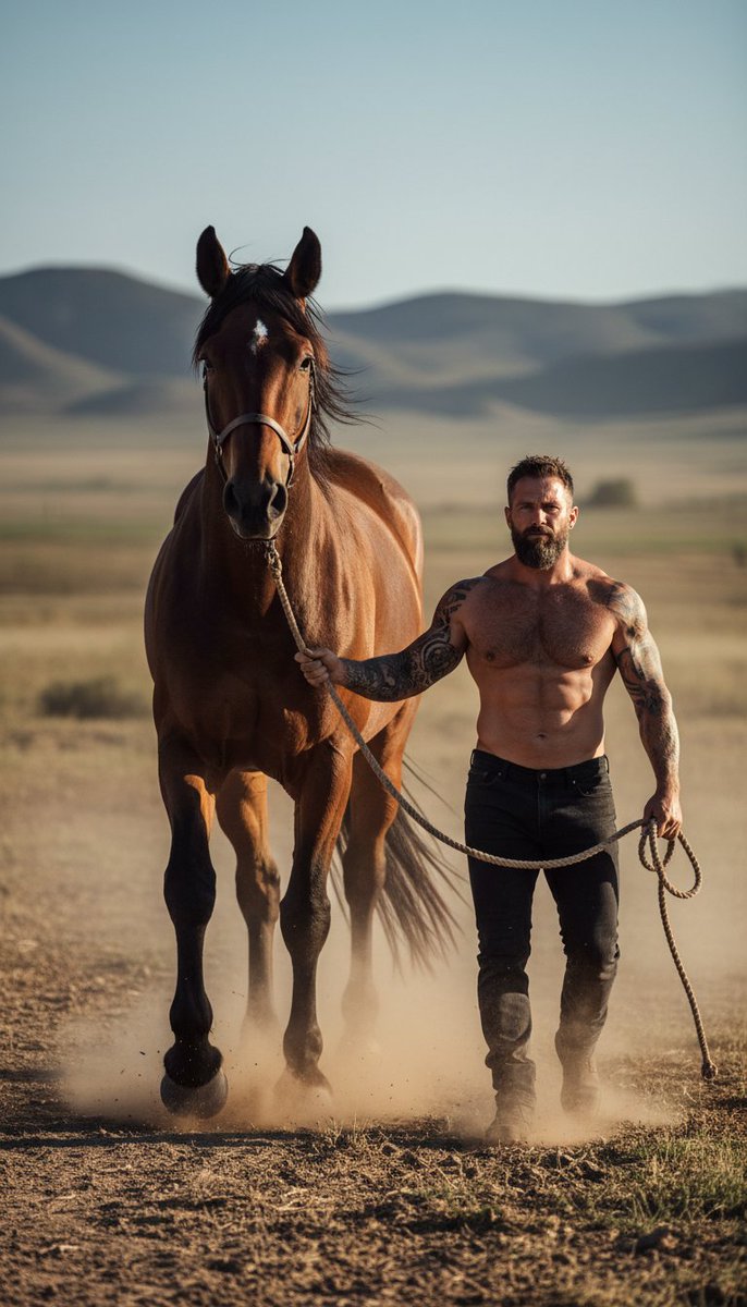 Preview image for Hyper-realistic cinematic photograph of man and powerful horse prompt