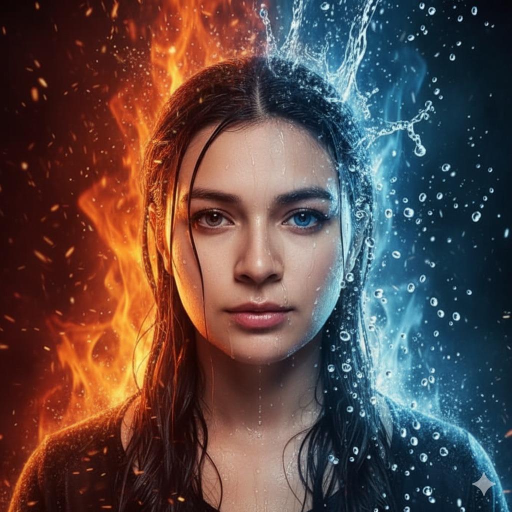 Hyper-Realistic Cinematic Portrait of Elemental Balance (Fire and Water) - KI-Prompt