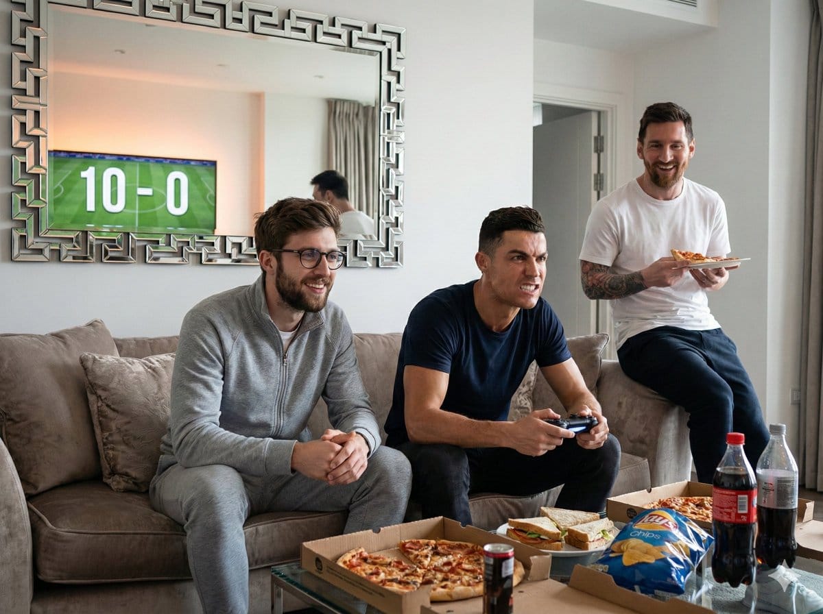 Hyper-Realistic Cinematic Scene of Ronaldo Losing a Video Game to Subject - Prompt de IA