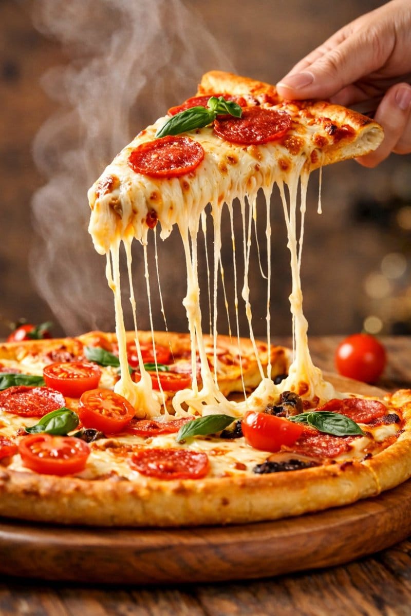 Hyper-realistic close-up of a pepperoni pizza slice with dramatic cheese pull - KI-Prompt