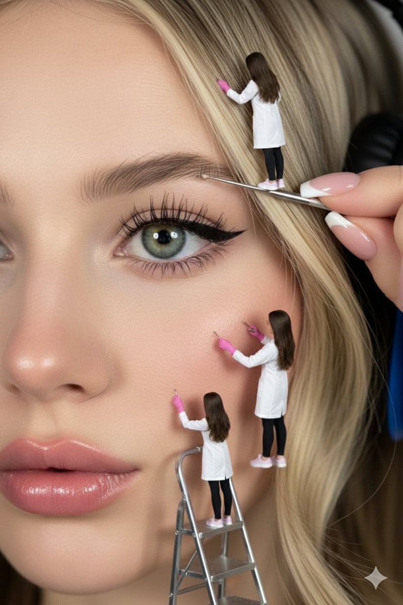 Hyper-realistic close-up of a woman's face being 'maintained' by miniature aesthetic doctors - KI-Prompt