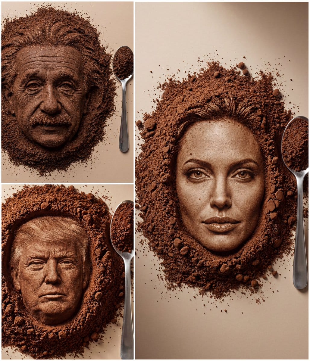 Hyper-Realistic Coffee Powder Face Impression - AI 프롬프트
