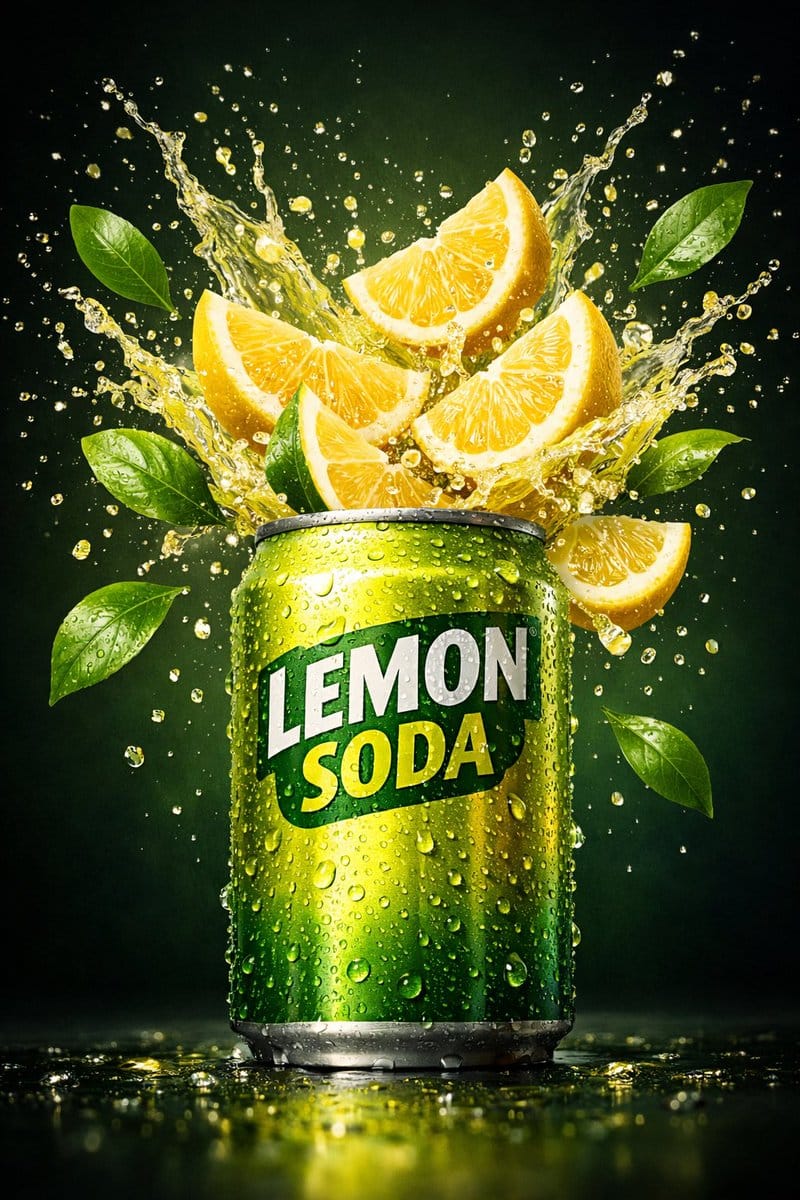 Hyper-realistic commercial product shot of a lemon soda can - AI提示詞