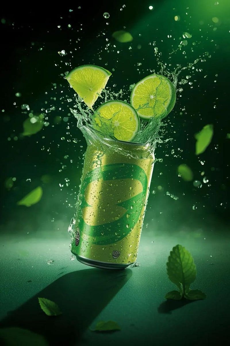Hyper-Realistic Commercial Product Shot of Exploding Lime Soda Can - Prompt de IA